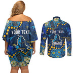 Personalized Gold Coast Titans Couples Matching Off Shoulder Short Dress and Long Sleeve Button Shirt Aboriginal Pattern with Graffiti Style Design