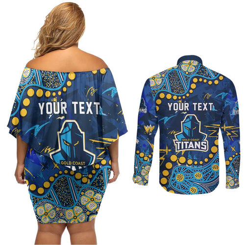 Personalized Gold Coast Titans Couples Matching Off Shoulder Short Dress and Long Sleeve Button Shirt Aboriginal Pattern with Graffiti Style Design