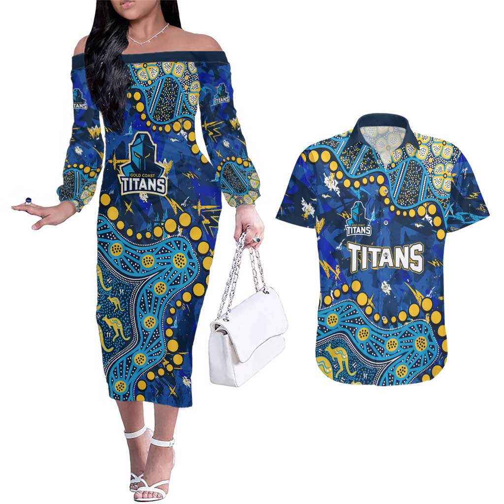 Personalized Gold Coast Titans Couples Matching Off The Shoulder Long Sleeve Dress and Hawaiian Shirt Aboriginal Pattern with Graffiti Style Design