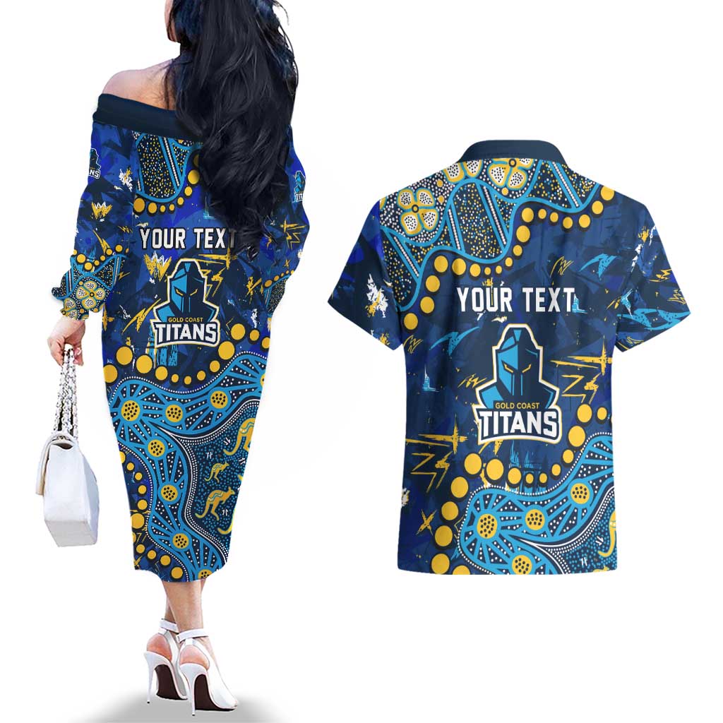 Personalized Gold Coast Titans Couples Matching Off The Shoulder Long Sleeve Dress and Hawaiian Shirt Aboriginal Pattern with Graffiti Style Design