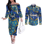 Personalized Gold Coast Titans Couples Matching Off The Shoulder Long Sleeve Dress and Long Sleeve Button Shirt Aboriginal Pattern with Graffiti Style Design