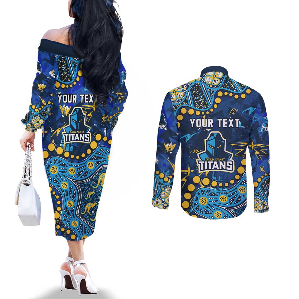 Personalized Gold Coast Titans Couples Matching Off The Shoulder Long Sleeve Dress and Long Sleeve Button Shirt Aboriginal Pattern with Graffiti Style Design