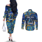 Personalized Gold Coast Titans Couples Matching Off The Shoulder Long Sleeve Dress and Long Sleeve Button Shirt Aboriginal Pattern with Graffiti Style Design