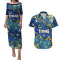 Personalized Gold Coast Titans Couples Matching Puletasi and Hawaiian Shirt Aboriginal Pattern with Graffiti Style Design