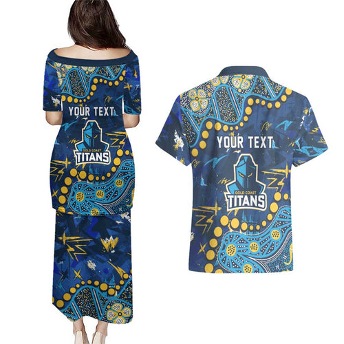Personalized Gold Coast Titans Couples Matching Puletasi and Hawaiian Shirt Aboriginal Pattern with Graffiti Style Design