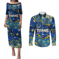 Personalized Gold Coast Titans Couples Matching Puletasi and Long Sleeve Button Shirt Aboriginal Pattern with Graffiti Style Design