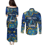 Personalized Gold Coast Titans Couples Matching Puletasi and Long Sleeve Button Shirt Aboriginal Pattern with Graffiti Style Design