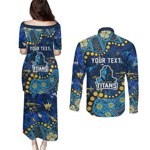 Personalized Gold Coast Titans Couples Matching Puletasi and Long Sleeve Button Shirt Aboriginal Pattern with Graffiti Style Design