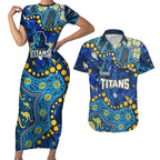 Personalized Gold Coast Titans Couples Matching Short Sleeve Bodycon Dress and Hawaiian Shirt Aboriginal Pattern with Graffiti Style Design