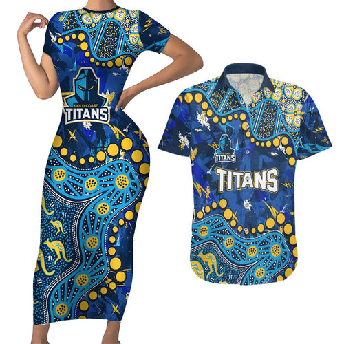 Personalized Gold Coast Titans Couples Matching Short Sleeve Bodycon Dress and Hawaiian Shirt Aboriginal Pattern with Graffiti Style Design