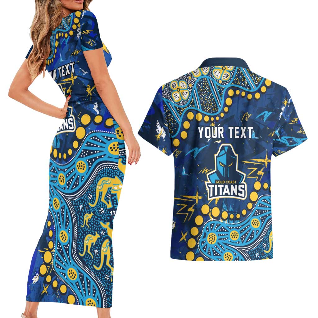 Personalized Gold Coast Titans Couples Matching Short Sleeve Bodycon Dress and Hawaiian Shirt Aboriginal Pattern with Graffiti Style Design