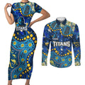 Personalized Gold Coast Titans Couples Matching Short Sleeve Bodycon Dress and Long Sleeve Button Shirt Aboriginal Pattern with Graffiti Style Design