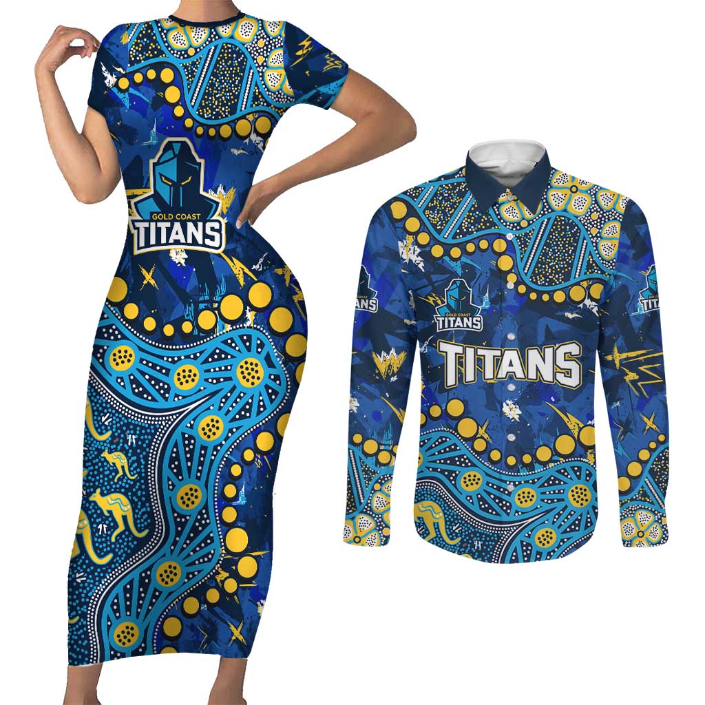 Personalized Gold Coast Titans Couples Matching Short Sleeve Bodycon Dress and Long Sleeve Button Shirt Aboriginal Pattern with Graffiti Style Design