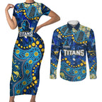Personalized Gold Coast Titans Couples Matching Short Sleeve Bodycon Dress and Long Sleeve Button Shirt Aboriginal Pattern with Graffiti Style Design