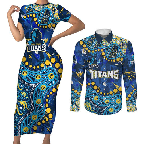 Personalized Gold Coast Titans Couples Matching Short Sleeve Bodycon Dress and Long Sleeve Button Shirt Aboriginal Pattern with Graffiti Style Design