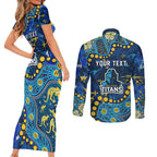 Personalized Gold Coast Titans Couples Matching Short Sleeve Bodycon Dress and Long Sleeve Button Shirt Aboriginal Pattern with Graffiti Style Design