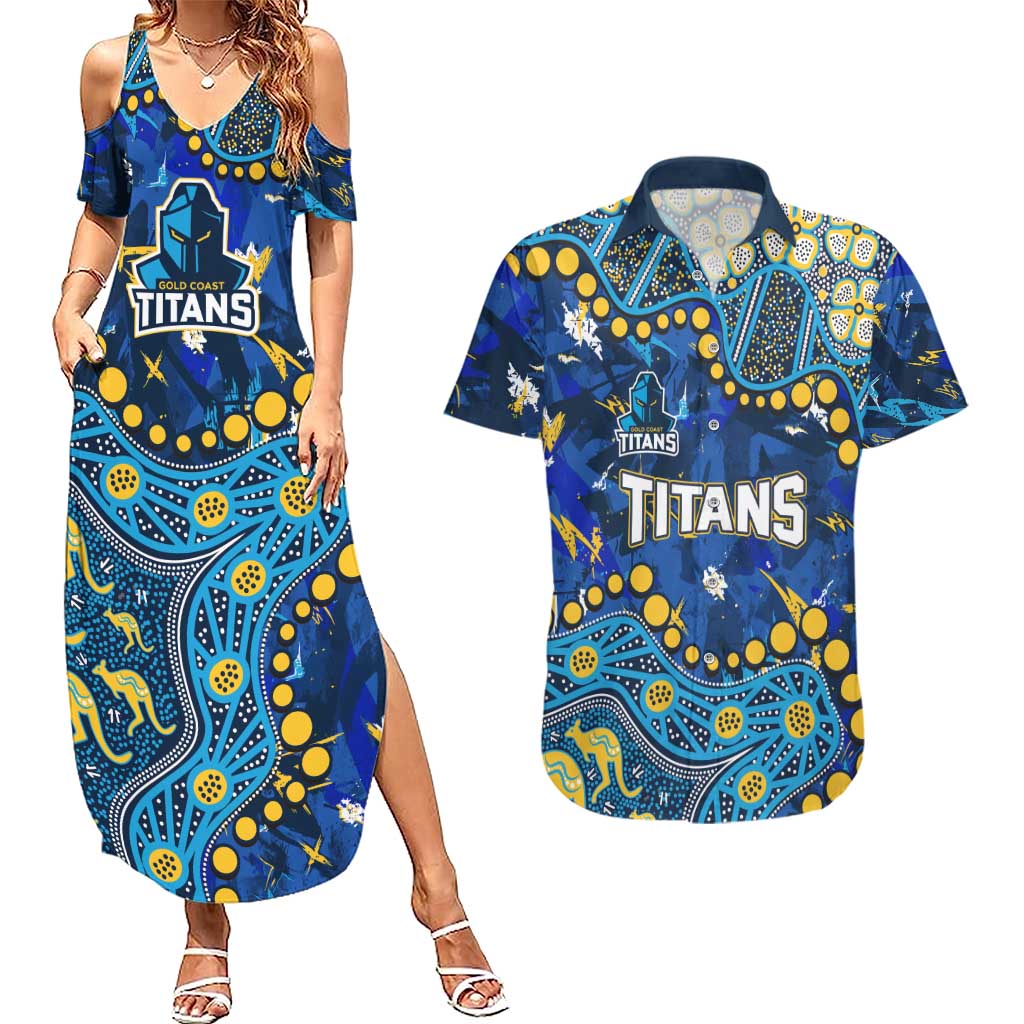 Personalized Gold Coast Titans Couples Matching Summer Maxi Dress and Hawaiian Shirt Aboriginal Pattern with Graffiti Style Design