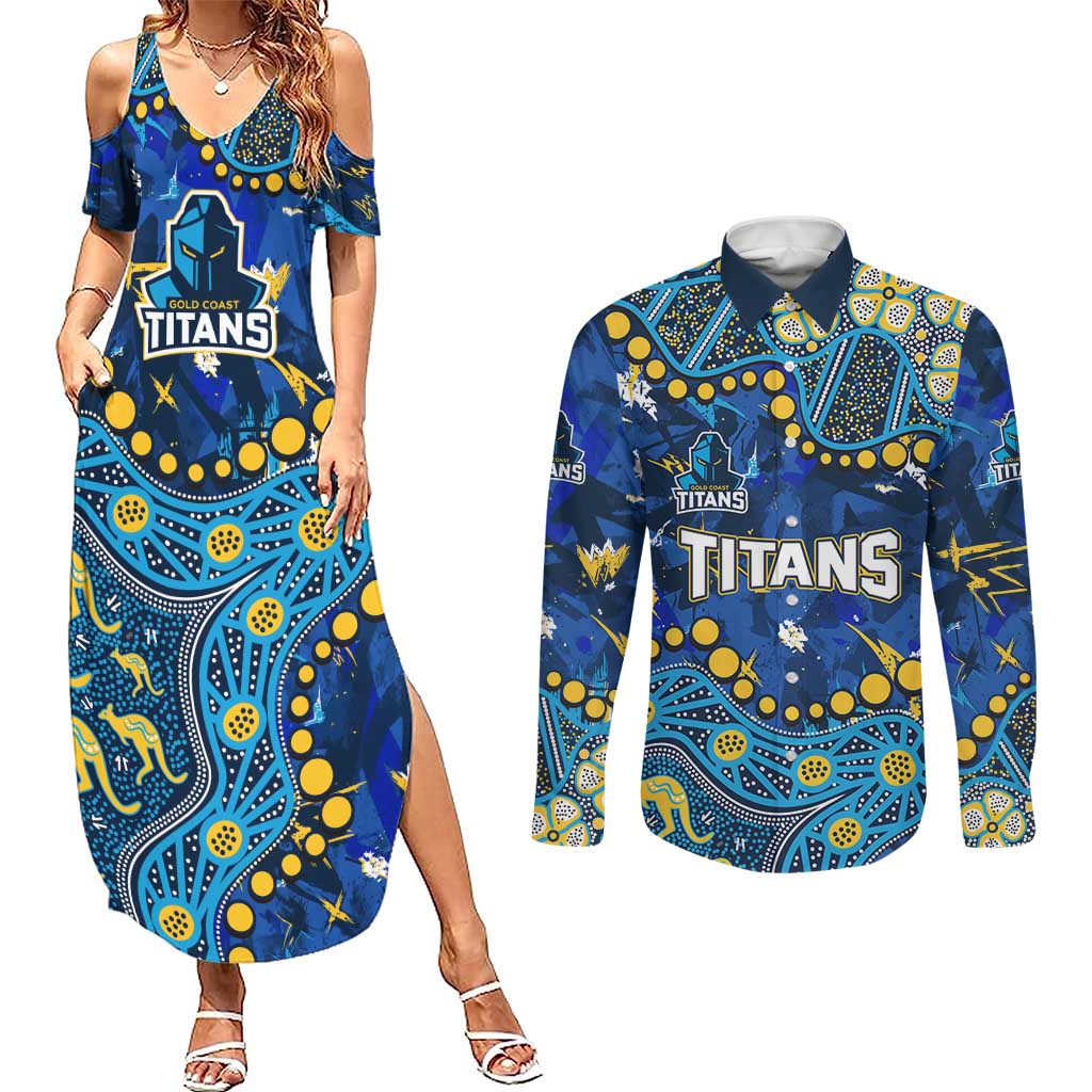 Personalized Gold Coast Titans Couples Matching Summer Maxi Dress and Long Sleeve Button Shirt Aboriginal Pattern with Graffiti Style Design
