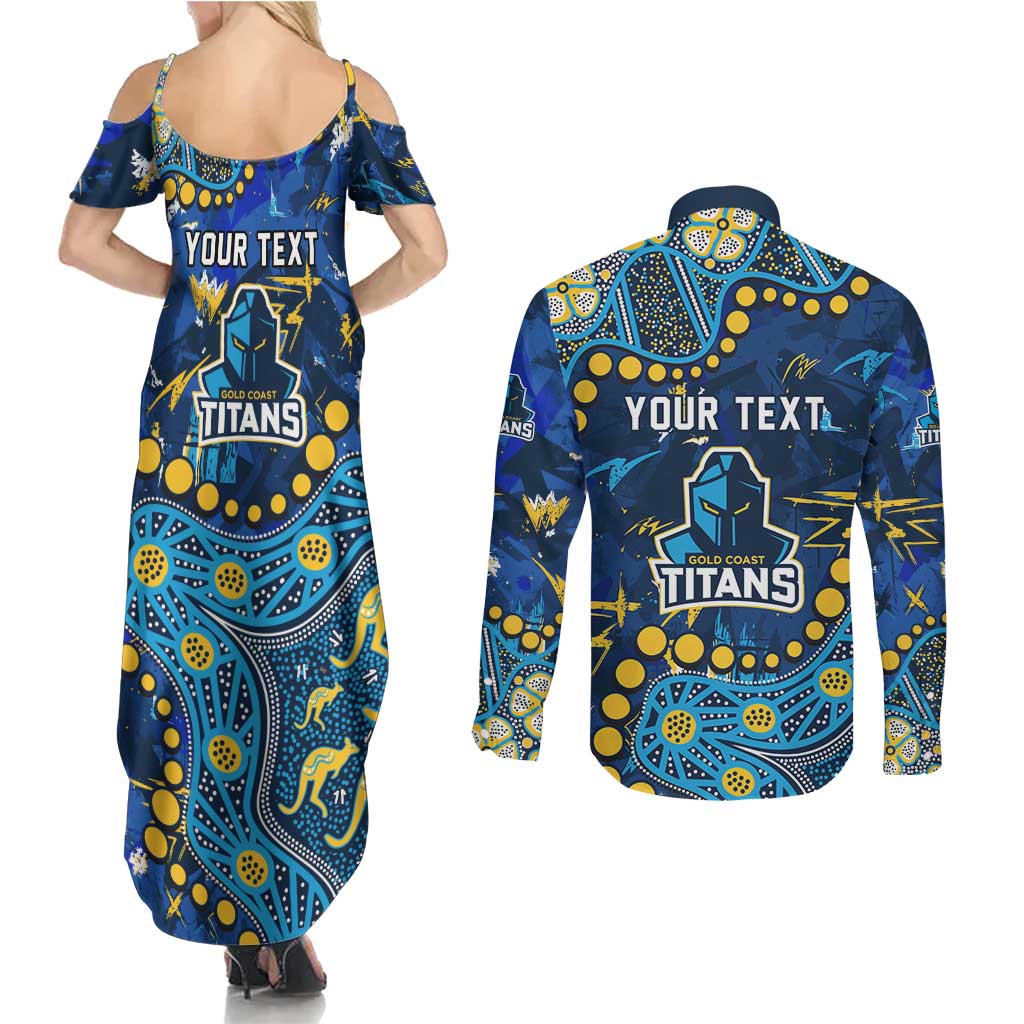 Personalized Gold Coast Titans Couples Matching Summer Maxi Dress and Long Sleeve Button Shirt Aboriginal Pattern with Graffiti Style Design