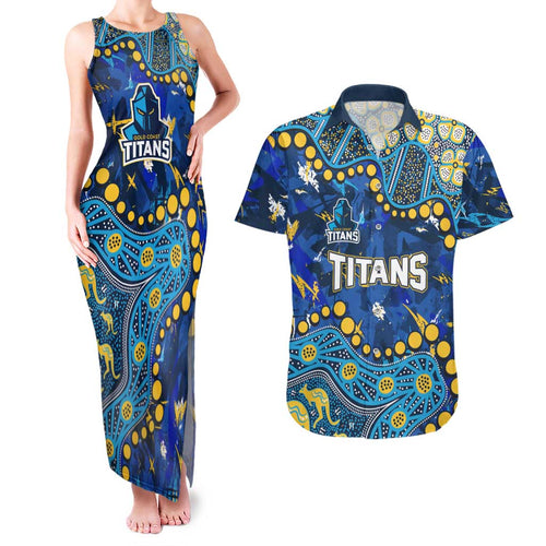 Personalized Gold Coast Titans Couples Matching Tank Maxi Dress and Hawaiian Shirt Aboriginal Pattern with Graffiti Style Design