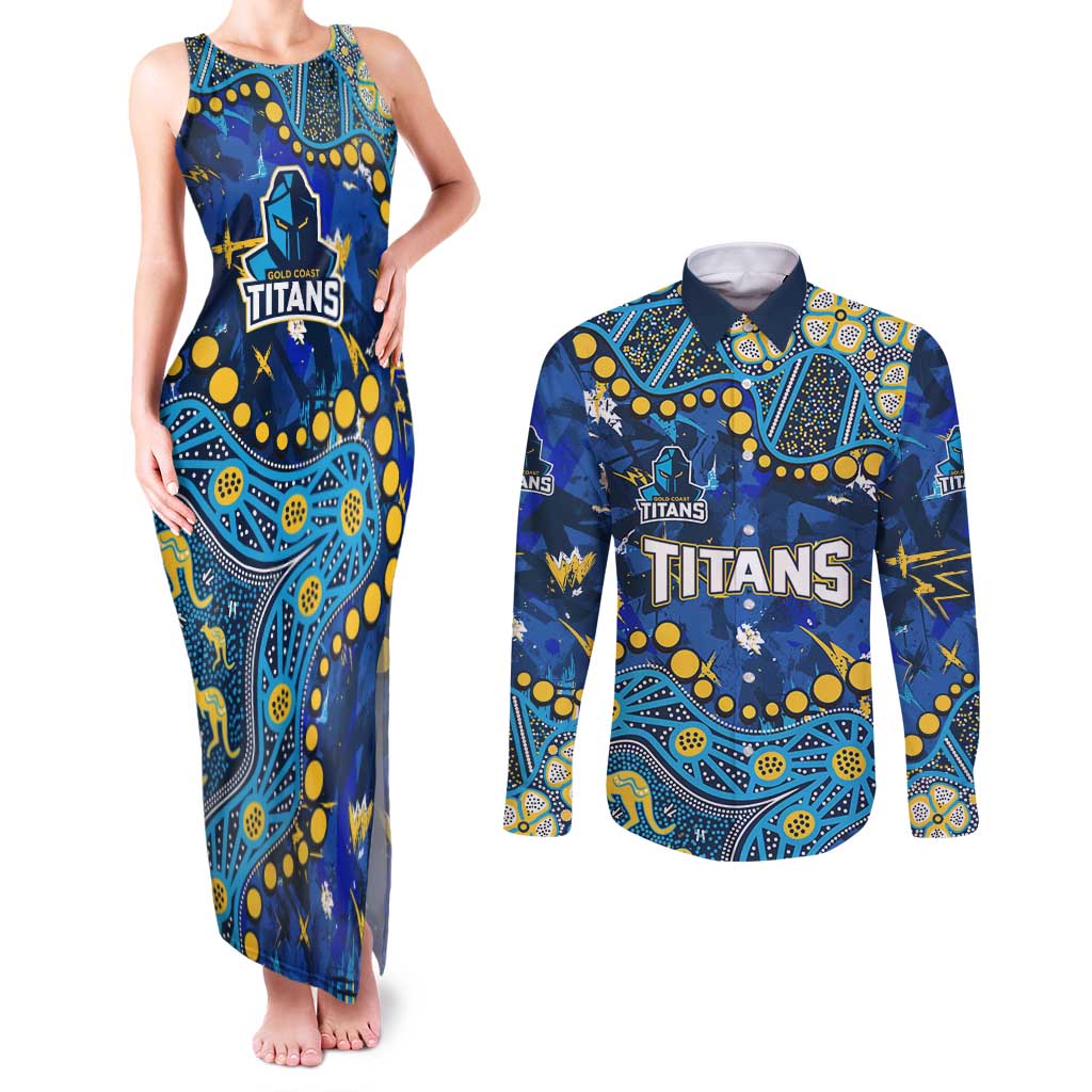 Personalized Gold Coast Titans Couples Matching Tank Maxi Dress and Long Sleeve Button Shirt Aboriginal Pattern with Graffiti Style Design