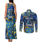 Personalized Gold Coast Titans Couples Matching Tank Maxi Dress and Long Sleeve Button Shirt Aboriginal Pattern with Graffiti Style Design