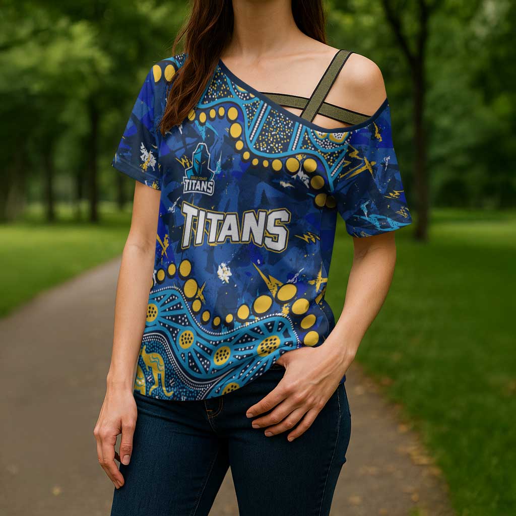 Personalized Gold Coast Titans Cross Shoulder Shirt Aboriginal Pattern with Graffiti Style Design