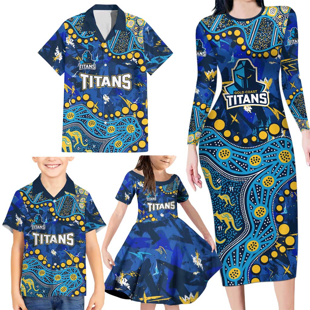 Personalized Gold Coast Titans Family Matching Long Sleeve Bodycon Dress and Hawaiian Shirt Aboriginal Pattern with Graffiti Style Design