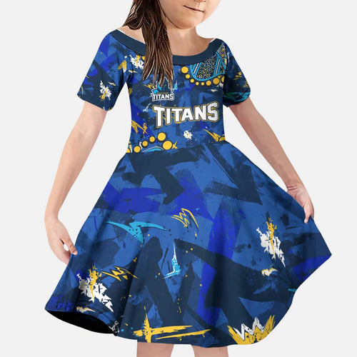 Personalized Gold Coast Titans Family Matching Long Sleeve Bodycon Dress and Hawaiian Shirt Aboriginal Pattern with Graffiti Style Design
