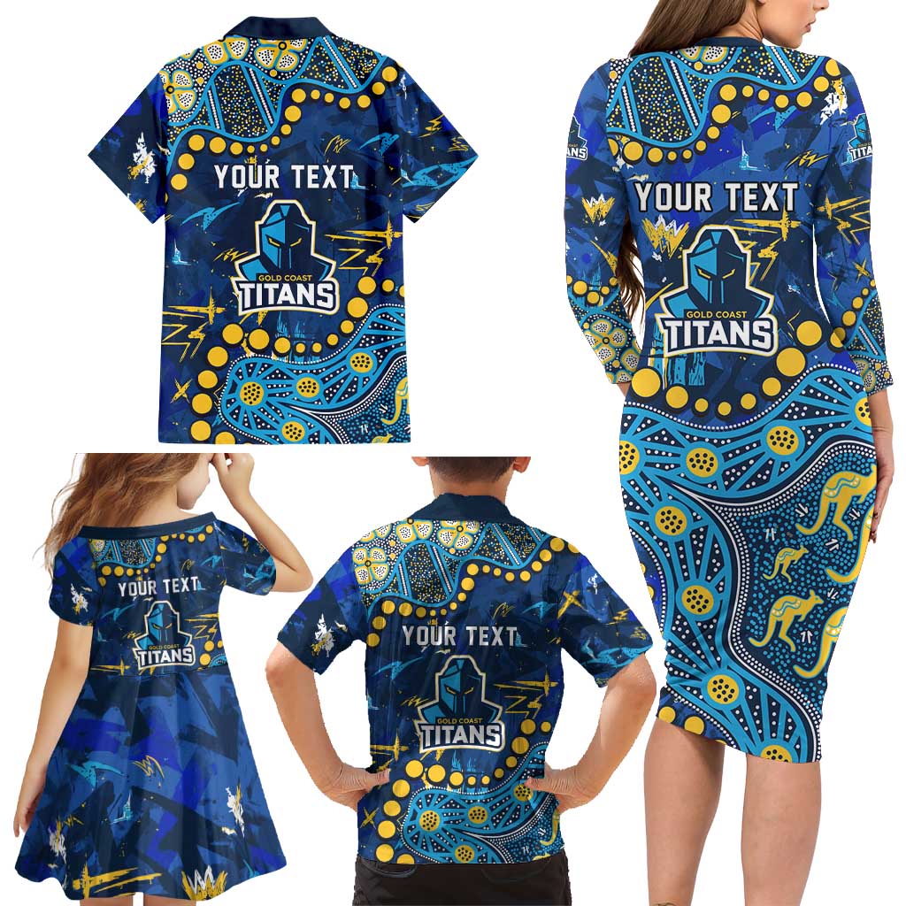 Personalized Gold Coast Titans Family Matching Long Sleeve Bodycon Dress and Hawaiian Shirt Aboriginal Pattern with Graffiti Style Design
