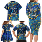Personalized Gold Coast Titans Family Matching Long Sleeve Bodycon Dress and Hawaiian Shirt Aboriginal Pattern with Graffiti Style Design