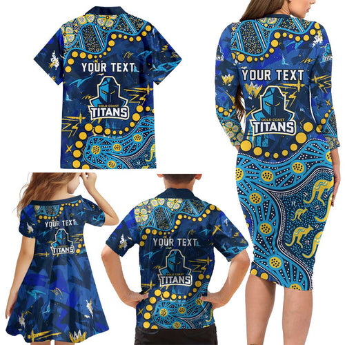 Personalized Gold Coast Titans Family Matching Long Sleeve Bodycon Dress and Hawaiian Shirt Aboriginal Pattern with Graffiti Style Design