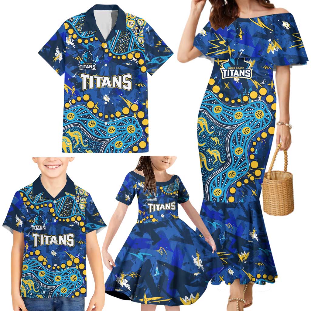 Personalized Gold Coast Titans Family Matching Mermaid Dress and Hawaiian Shirt Aboriginal Pattern with Graffiti Style Design