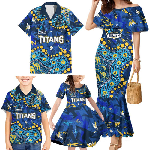 Personalized Gold Coast Titans Family Matching Mermaid Dress and Hawaiian Shirt Aboriginal Pattern with Graffiti Style Design