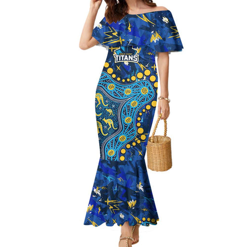 Personalized Gold Coast Titans Family Matching Mermaid Dress and Hawaiian Shirt Aboriginal Pattern with Graffiti Style Design