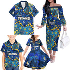 Personalized Gold Coast Titans Family Matching Off The Shoulder Long Sleeve Dress and Hawaiian Shirt Aboriginal Pattern with Graffiti Style Design