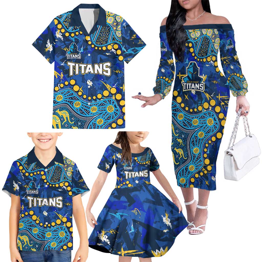 Personalized Gold Coast Titans Family Matching Off The Shoulder Long Sleeve Dress and Hawaiian Shirt Aboriginal Pattern with Graffiti Style Design