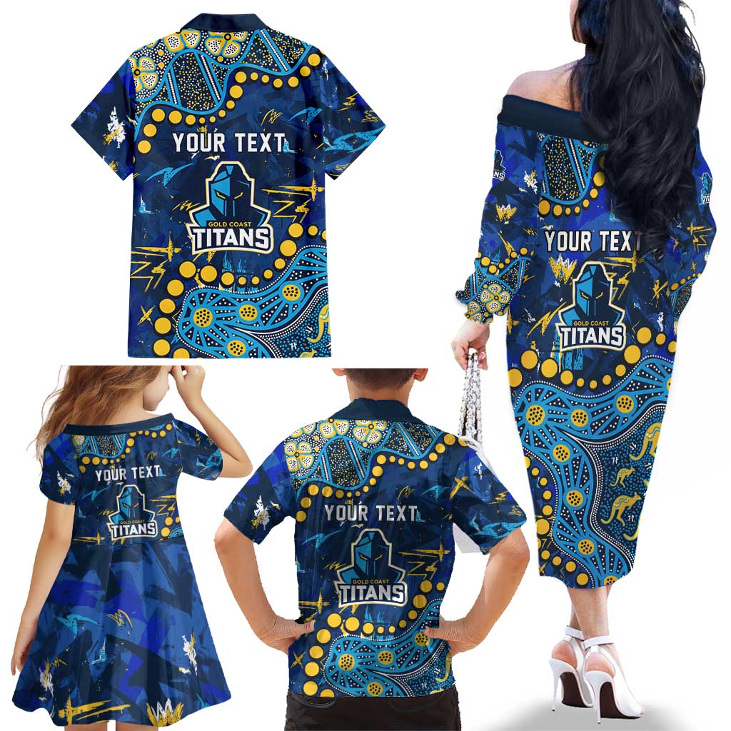 Personalized Gold Coast Titans Family Matching Off The Shoulder Long Sleeve Dress and Hawaiian Shirt Aboriginal Pattern with Graffiti Style Design