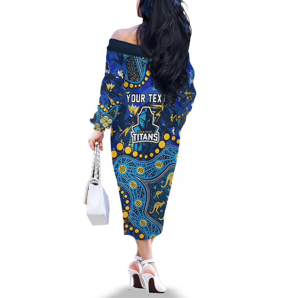 Personalized Gold Coast Titans Family Matching Off The Shoulder Long Sleeve Dress and Hawaiian Shirt Aboriginal Pattern with Graffiti Style Design