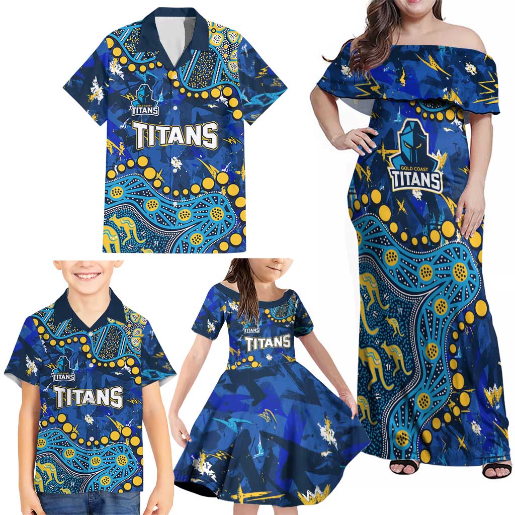 Personalized Gold Coast Titans Family Matching Off Shoulder Maxi Dress and Hawaiian Shirt Aboriginal Pattern with Graffiti Style Design