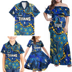 Personalized Gold Coast Titans Family Matching Off Shoulder Maxi Dress and Hawaiian Shirt Aboriginal Pattern with Graffiti Style Design