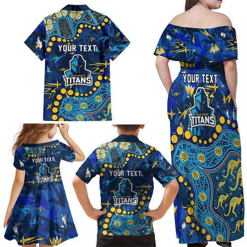 Personalized Gold Coast Titans Family Matching Off Shoulder Maxi Dress and Hawaiian Shirt Aboriginal Pattern with Graffiti Style Design