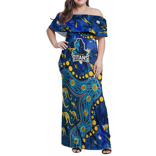 Personalized Gold Coast Titans Family Matching Off Shoulder Maxi Dress and Hawaiian Shirt Aboriginal Pattern with Graffiti Style Design