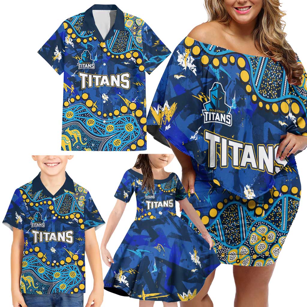 Personalized Gold Coast Titans Family Matching Off Shoulder Short Dress and Hawaiian Shirt Aboriginal Pattern with Graffiti Style Design