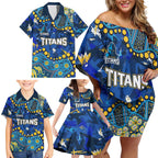 Personalized Gold Coast Titans Family Matching Off Shoulder Short Dress and Hawaiian Shirt Aboriginal Pattern with Graffiti Style Design