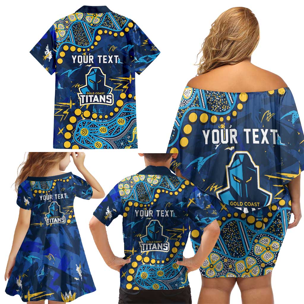 Personalized Gold Coast Titans Family Matching Off Shoulder Short Dress and Hawaiian Shirt Aboriginal Pattern with Graffiti Style Design