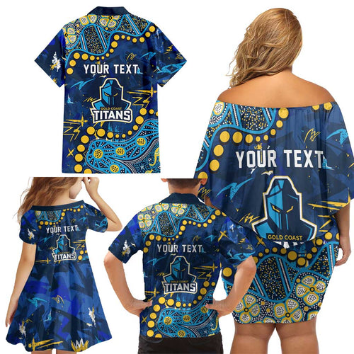 Personalized Gold Coast Titans Family Matching Off Shoulder Short Dress and Hawaiian Shirt Aboriginal Pattern with Graffiti Style Design
