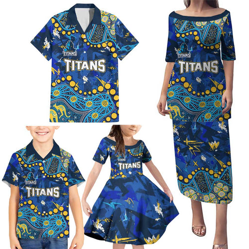 Personalized Gold Coast Titans Family Matching Puletasi and Hawaiian Shirt Aboriginal Pattern with Graffiti Style Design