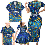 Personalized Gold Coast Titans Family Matching Short Sleeve Bodycon Dress and Hawaiian Shirt Aboriginal Pattern with Graffiti Style Design