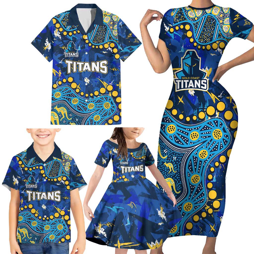 Personalized Gold Coast Titans Family Matching Short Sleeve Bodycon Dress and Hawaiian Shirt Aboriginal Pattern with Graffiti Style Design